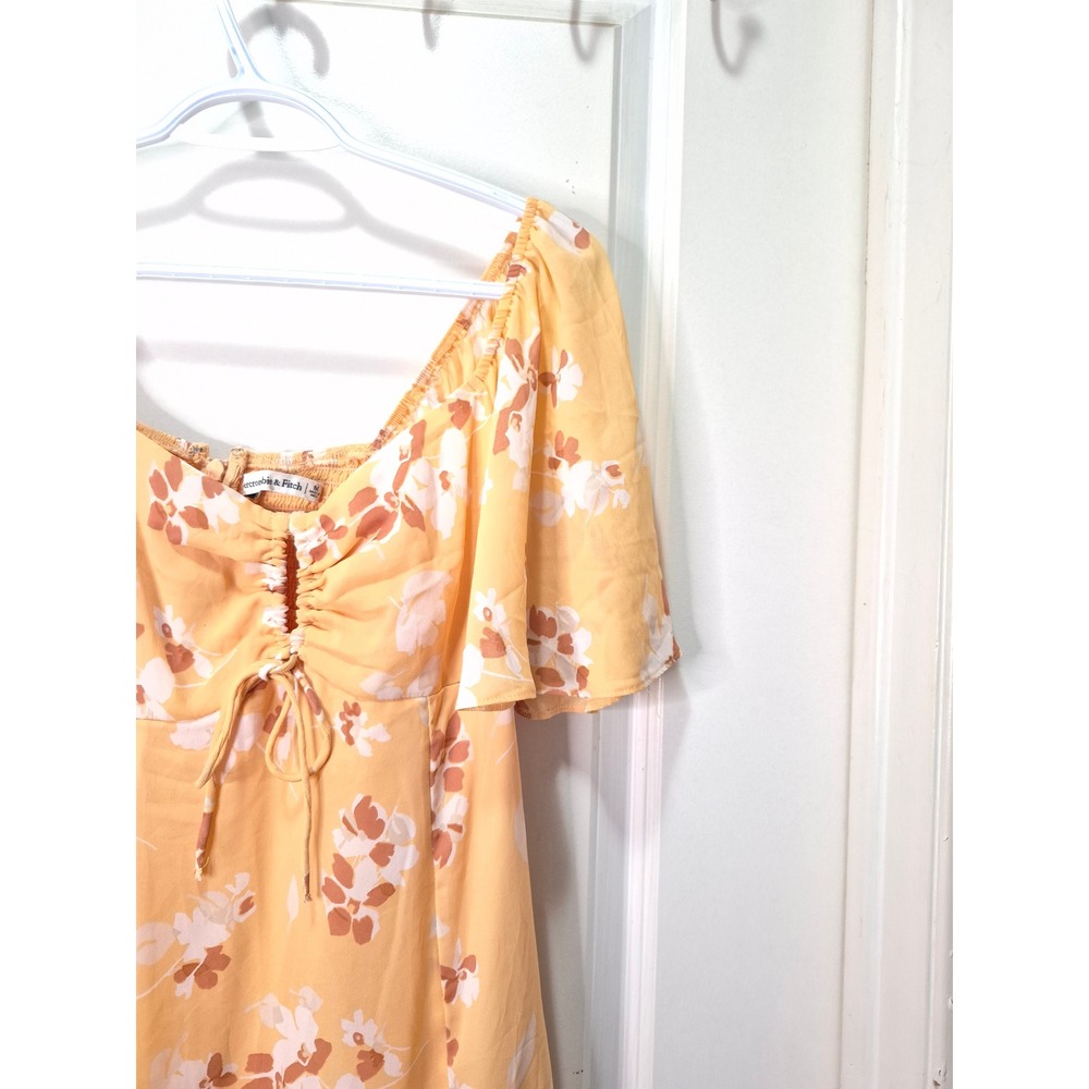 Abercrombie & Fitch Yellow Floral Flutter Sleeve Mini Dress Medium Tie Front - Picture 3 of 8